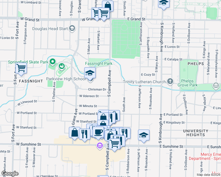 map of restaurants, bars, coffee shops, grocery stores, and more near 1400 South Campbell Avenue in Springfield