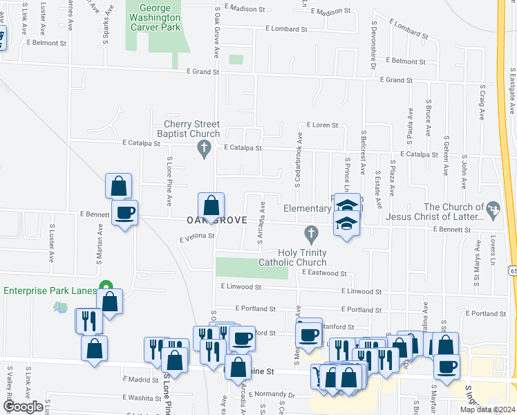 map of restaurants, bars, coffee shops, grocery stores, and more near 1341 South Arcadia Avenue in Springfield