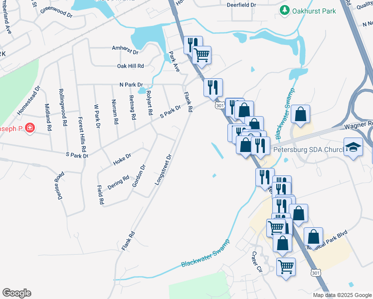 map of restaurants, bars, coffee shops, grocery stores, and more near 250 Flank Road in Petersburg
