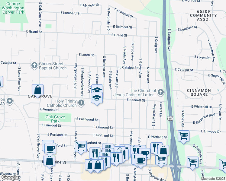 map of restaurants, bars, coffee shops, grocery stores, and more near 1309 South Estate Avenue in Springfield