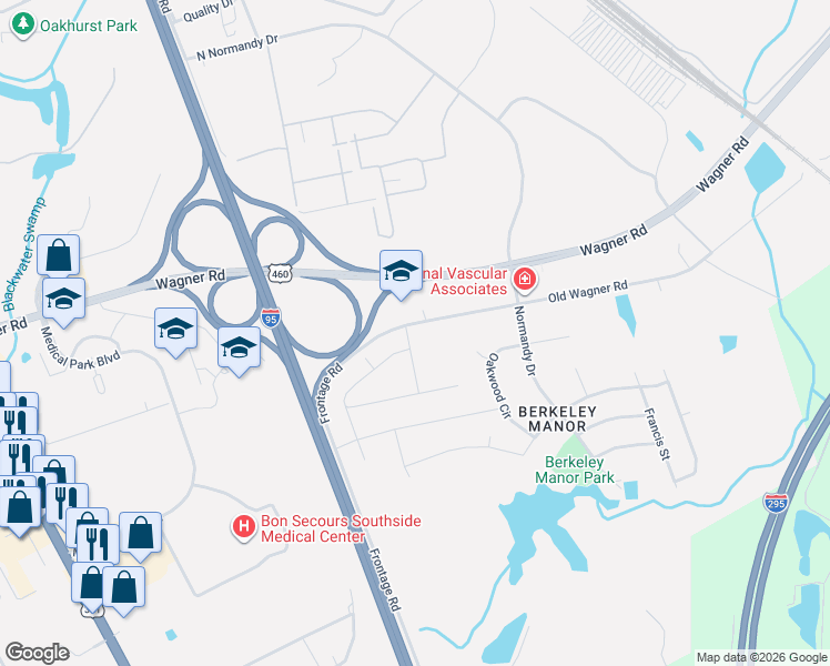 map of restaurants, bars, coffee shops, grocery stores, and more near 513 Old Wagner Road in Petersburg