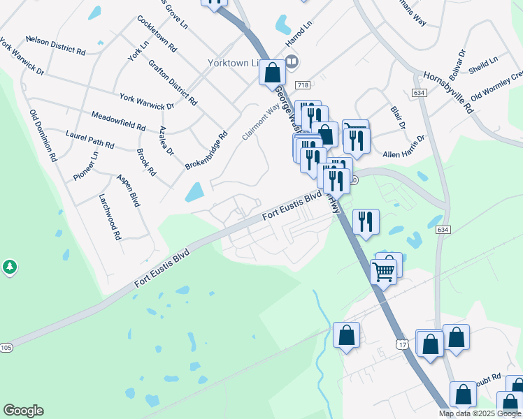 map of restaurants, bars, coffee shops, grocery stores, and more near 1301 Bridge Crossing in Yorktown