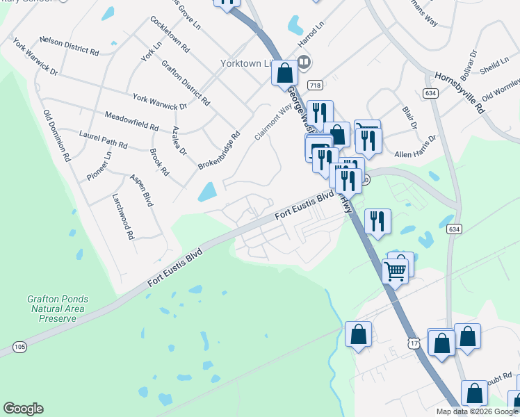 map of restaurants, bars, coffee shops, grocery stores, and more near 800 Bridge Crossing in Yorktown