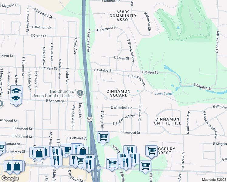 map of restaurants, bars, coffee shops, grocery stores, and more near 3538 East Cinnamon Place in Springfield