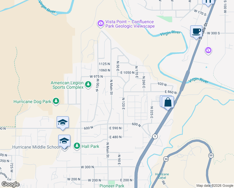map of restaurants, bars, coffee shops, grocery stores, and more near 858 North Main Street in Hurricane