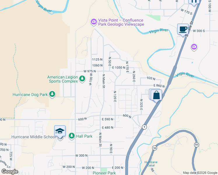 map of restaurants, bars, coffee shops, grocery stores, and more near 840 North Main Street in Hurricane