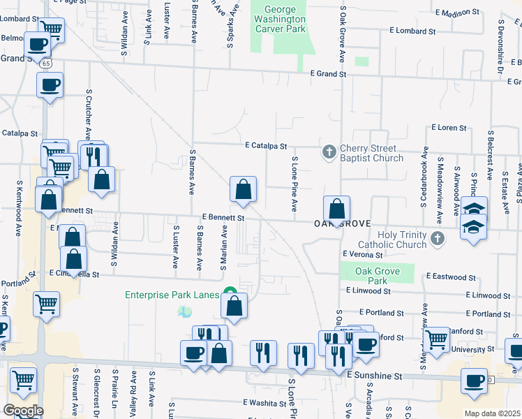 map of restaurants, bars, coffee shops, grocery stores, and more near 1317 South Willow Lane Avenue in Springfield