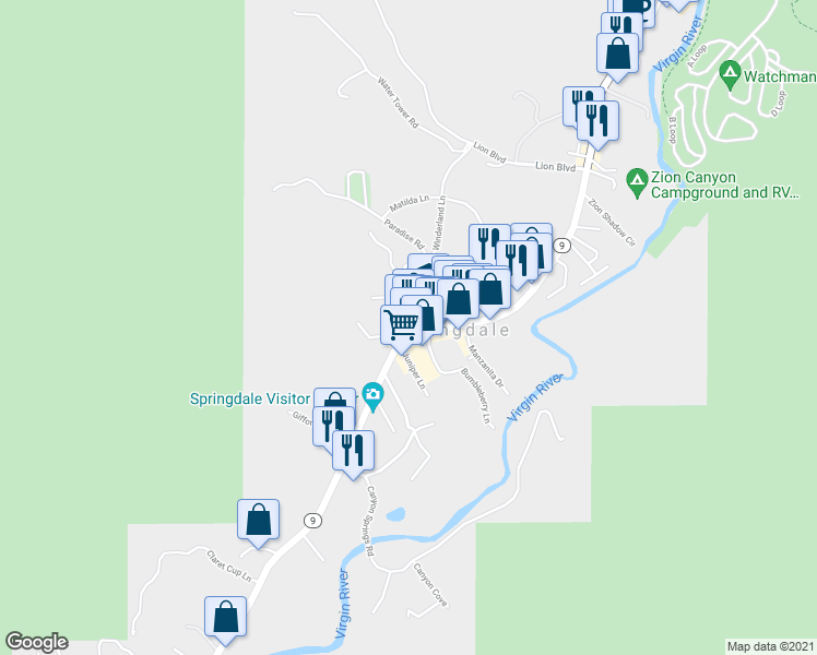 map of restaurants, bars, coffee shops, grocery stores, and more near 948 Zion Park Boulevard in Springdale