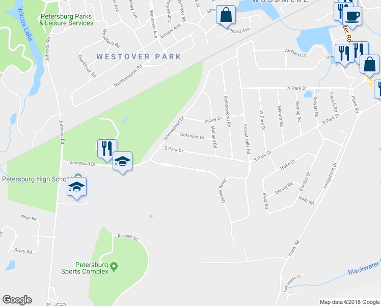 map of restaurants, bars, coffee shops, grocery stores, and more near 1004 South Park Drive in Petersburg