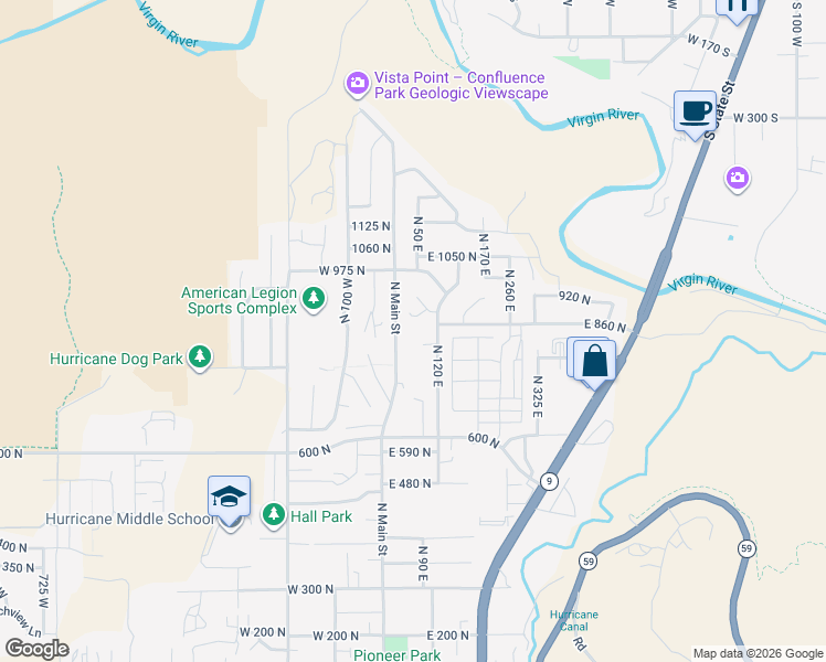 map of restaurants, bars, coffee shops, grocery stores, and more near 840 North Main Street in Hurricane