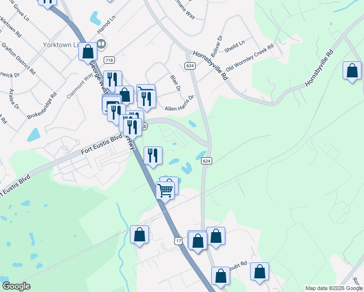 map of restaurants, bars, coffee shops, grocery stores, and more near 7834 George Washington Memorial Highway in Yorktown