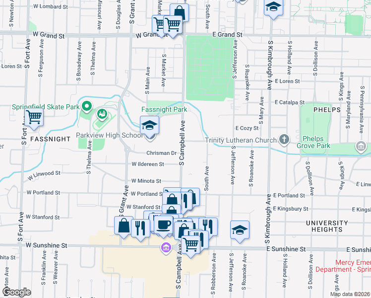 map of restaurants, bars, coffee shops, grocery stores, and more near 1400 South Campbell Avenue in Springfield