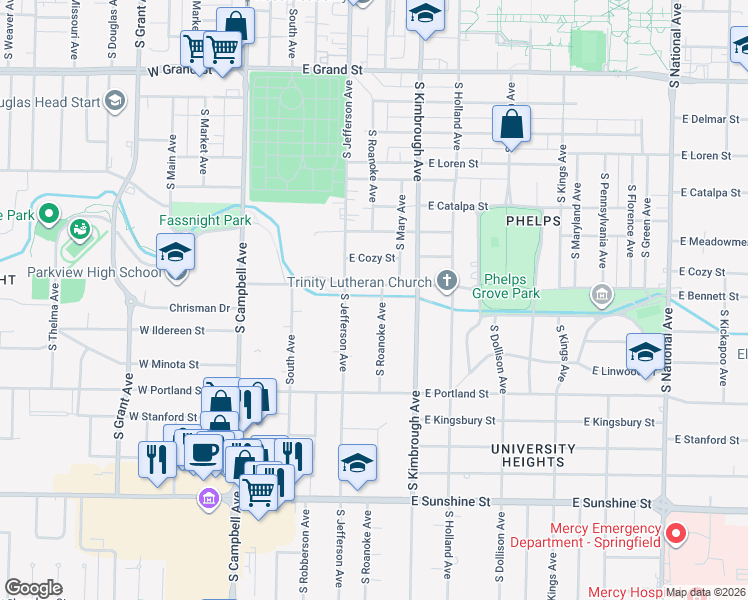 map of restaurants, bars, coffee shops, grocery stores, and more near 418 East Bennett Street in Springfield