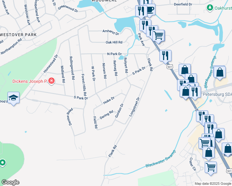 map of restaurants, bars, coffee shops, grocery stores, and more near 421 Hoke Drive in Petersburg
