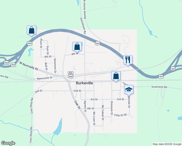 map of restaurants, bars, coffee shops, grocery stores, and more near 102 2nd Street in Burkeville
