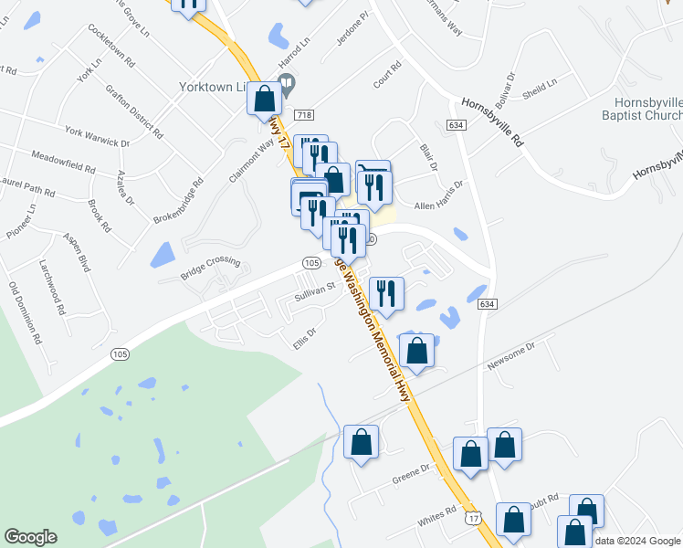 map of restaurants, bars, coffee shops, grocery stores, and more near 205 Fleming Way in Yorktown