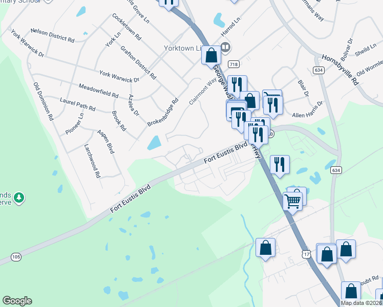 map of restaurants, bars, coffee shops, grocery stores, and more near 100 Burnt Bridge Way in Yorktown