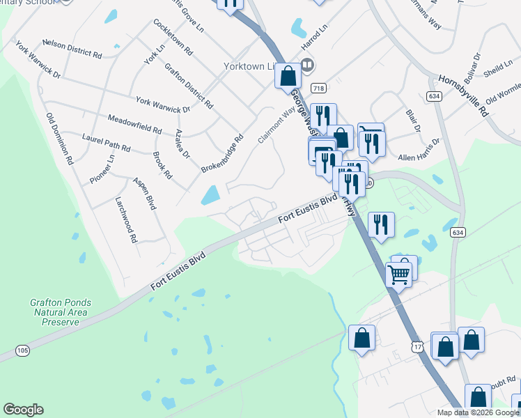 map of restaurants, bars, coffee shops, grocery stores, and more near 800 Bridge Crossing in Yorktown