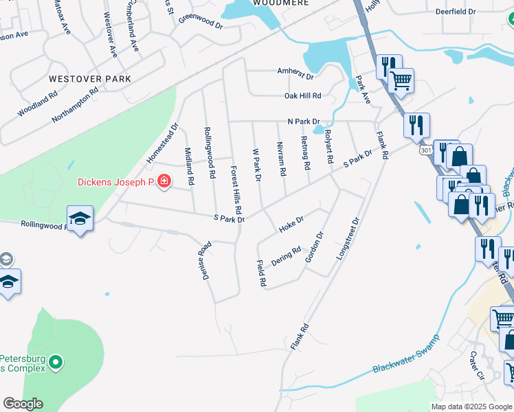map of restaurants, bars, coffee shops, grocery stores, and more near 2974 West Park Drive in Petersburg