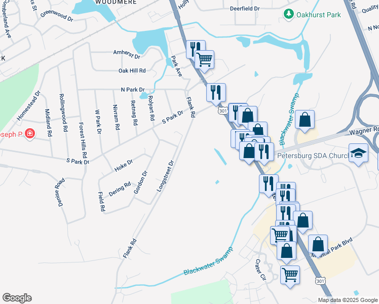 map of restaurants, bars, coffee shops, grocery stores, and more near 250 Flank Road in Petersburg