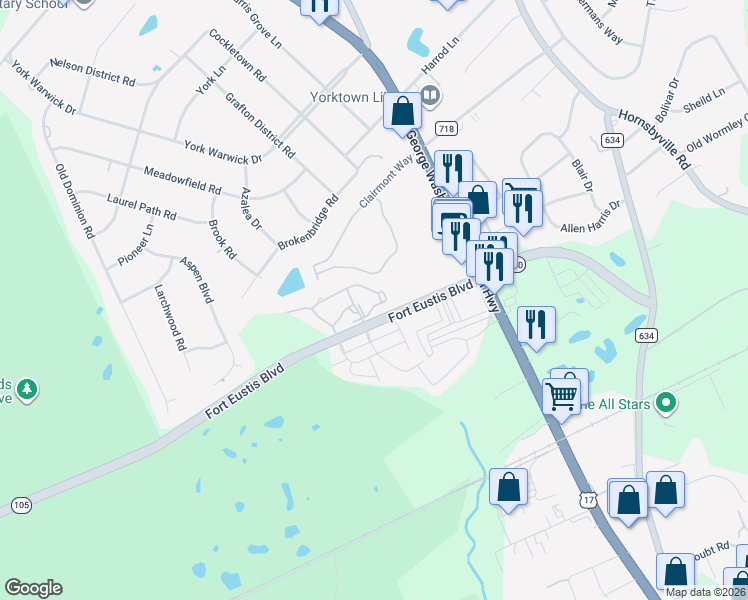 map of restaurants, bars, coffee shops, grocery stores, and more near 800 Bridge Crossing in Yorktown