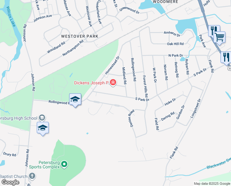 map of restaurants, bars, coffee shops, grocery stores, and more near 935 South Park Drive in Petersburg