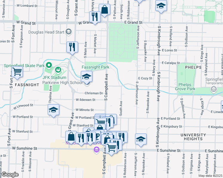 map of restaurants, bars, coffee shops, grocery stores, and more near 1400 South Campbell Avenue in Springfield