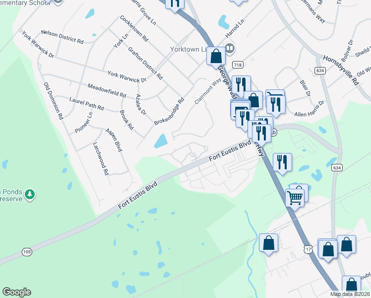 map of restaurants, bars, coffee shops, grocery stores, and more near 405 Bridge Crossing in Yorktown