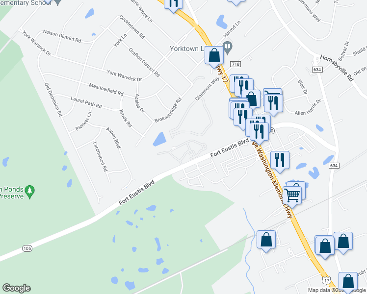 map of restaurants, bars, coffee shops, grocery stores, and more near 406 Bridge Crossing in Yorktown