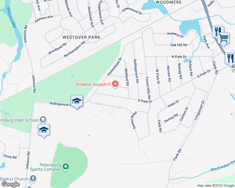 map of restaurants, bars, coffee shops, grocery stores, and more near 935 South Park Drive in Petersburg