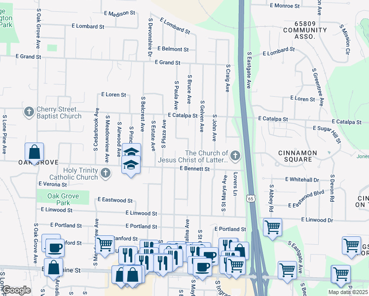 map of restaurants, bars, coffee shops, grocery stores, and more near 1301-1371 S Catilina Ave in Springfield