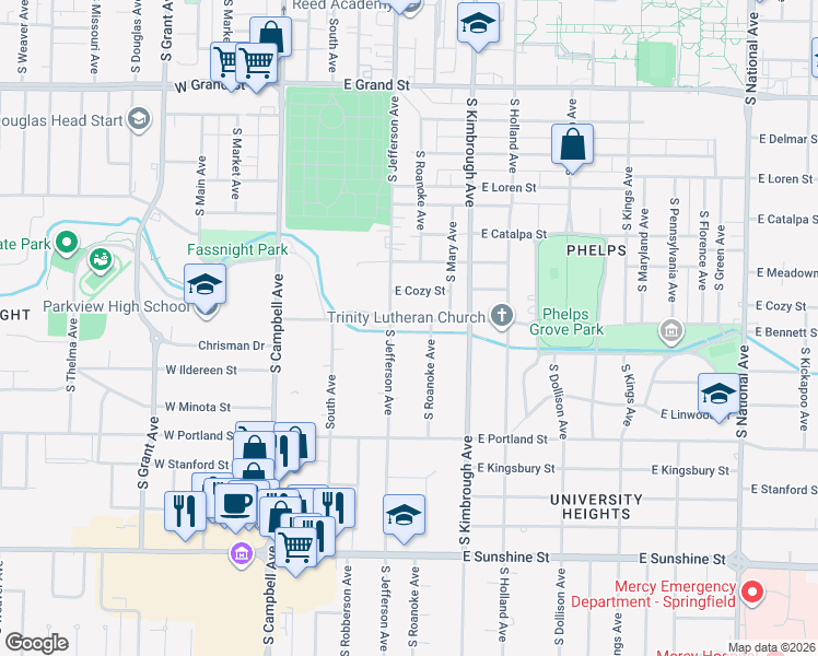 map of restaurants, bars, coffee shops, grocery stores, and more near 418 East Bennett Street in Springfield