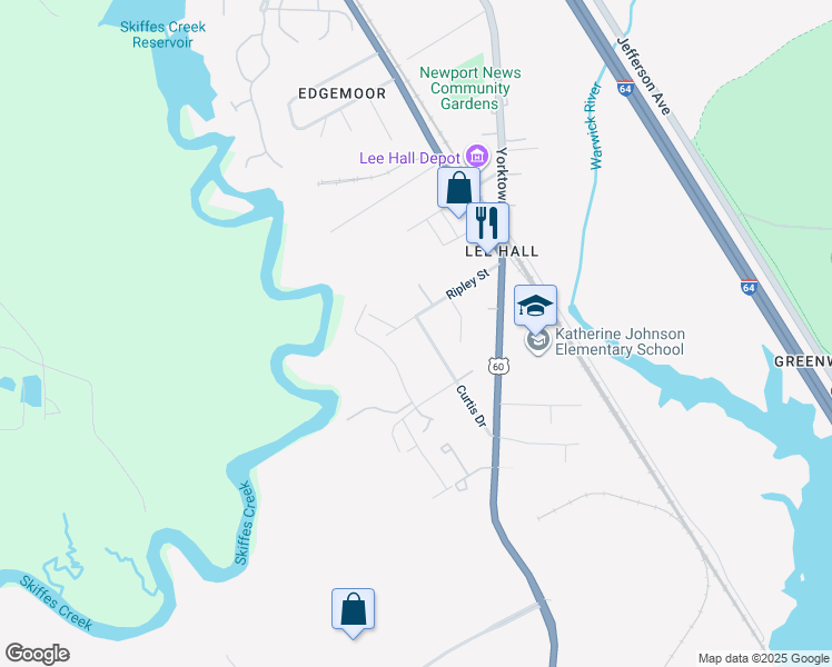 map of restaurants, bars, coffee shops, grocery stores, and more near 59 Curtis Drive in Newport News