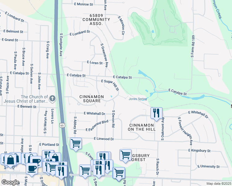 map of restaurants, bars, coffee shops, grocery stores, and more near 3742 East Sugar Hill Street in Springfield