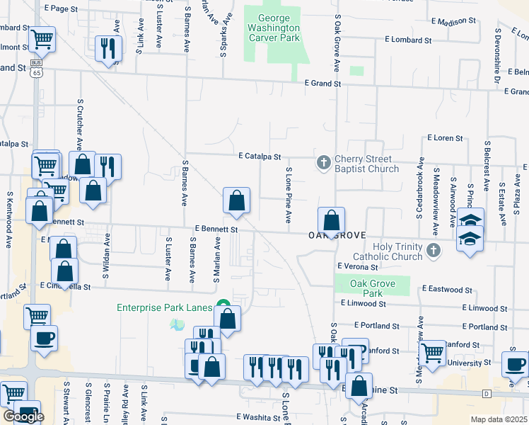 map of restaurants, bars, coffee shops, grocery stores, and more near 1317 South Willow Lane Avenue in Springfield