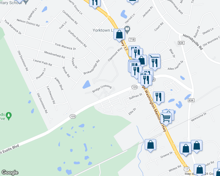 map of restaurants, bars, coffee shops, grocery stores, and more near 800 Bridge Crossing in Yorktown