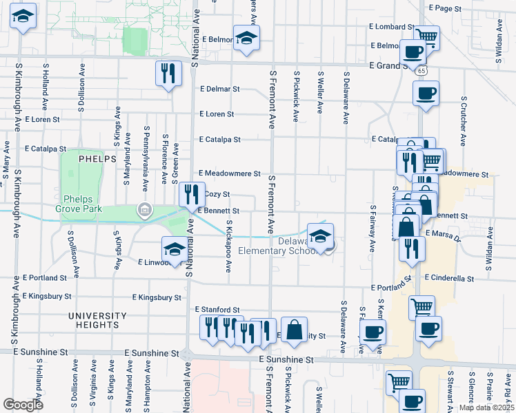 map of restaurants, bars, coffee shops, grocery stores, and more near 1345 East Bennett Street in Springfield