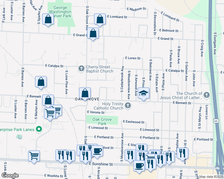 map of restaurants, bars, coffee shops, grocery stores, and more near 2722-2798 East Cozy Street in Springfield