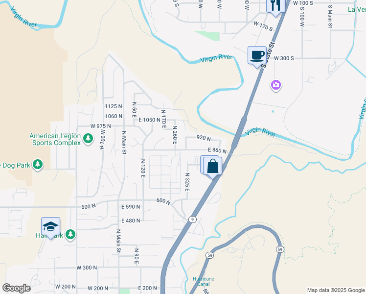 map of restaurants, bars, coffee shops, grocery stores, and more near 861 North 300 East in Hurricane