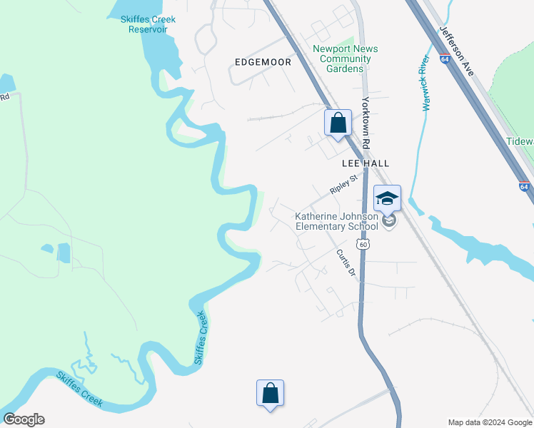 map of restaurants, bars, coffee shops, grocery stores, and more near 365 Bridgewater Drive in Newport News