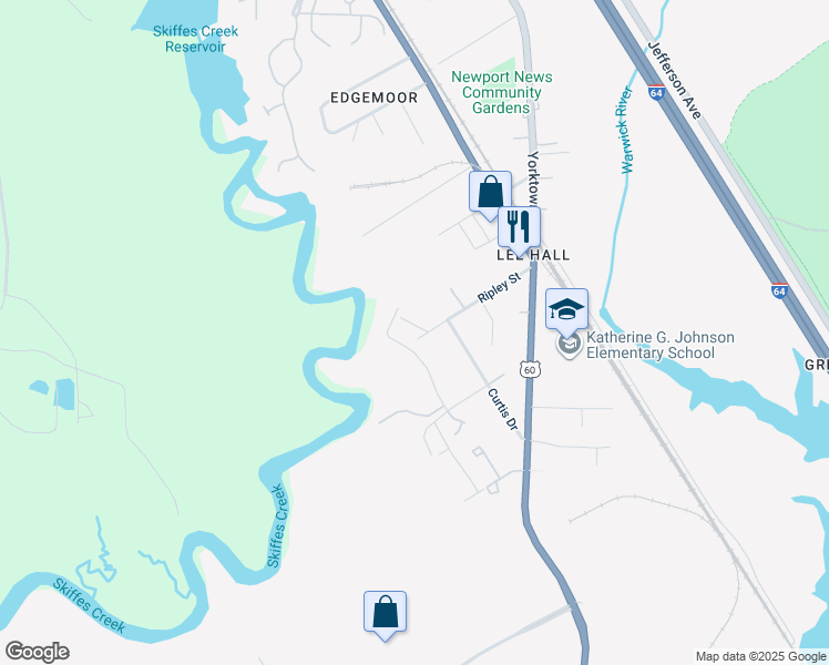 map of restaurants, bars, coffee shops, grocery stores, and more near 5 Skiffs Creek Landing Road in Newport News