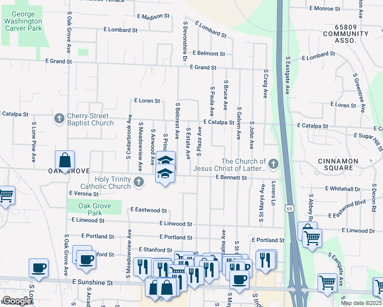 map of restaurants, bars, coffee shops, grocery stores, and more near 1309 South Estate Avenue in Springfield
