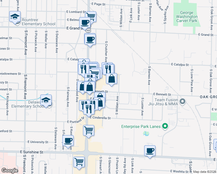 map of restaurants, bars, coffee shops, grocery stores, and more near 1925 East Bennett Street in Springfield