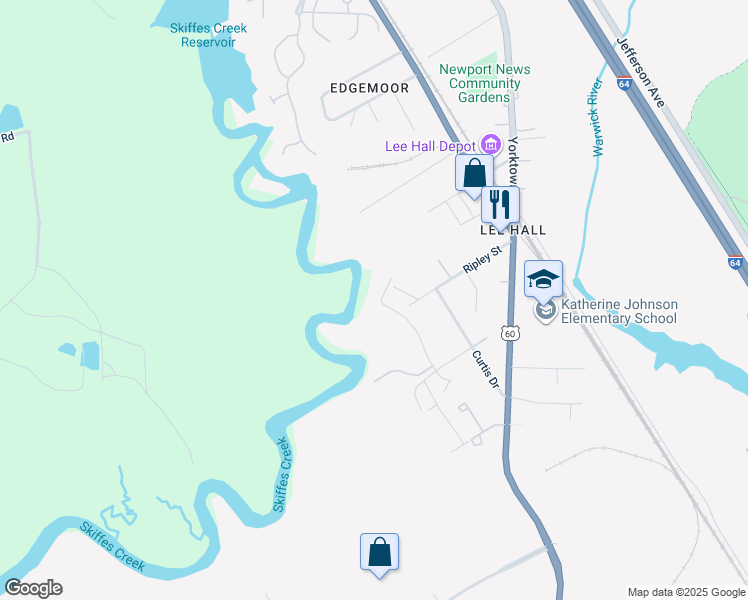 map of restaurants, bars, coffee shops, grocery stores, and more near 365 Bridgewater Drive in Newport News