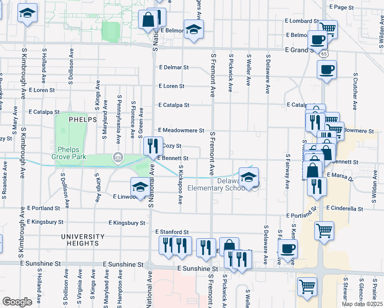 map of restaurants, bars, coffee shops, grocery stores, and more near 1321 East Bennett Street in Springfield