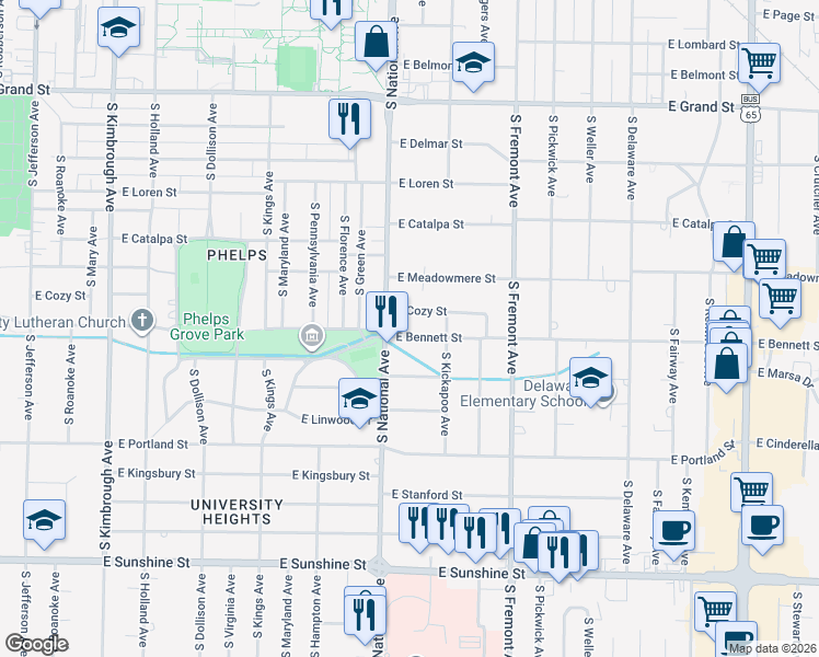 map of restaurants, bars, coffee shops, grocery stores, and more near 1352 South National Avenue in Springfield