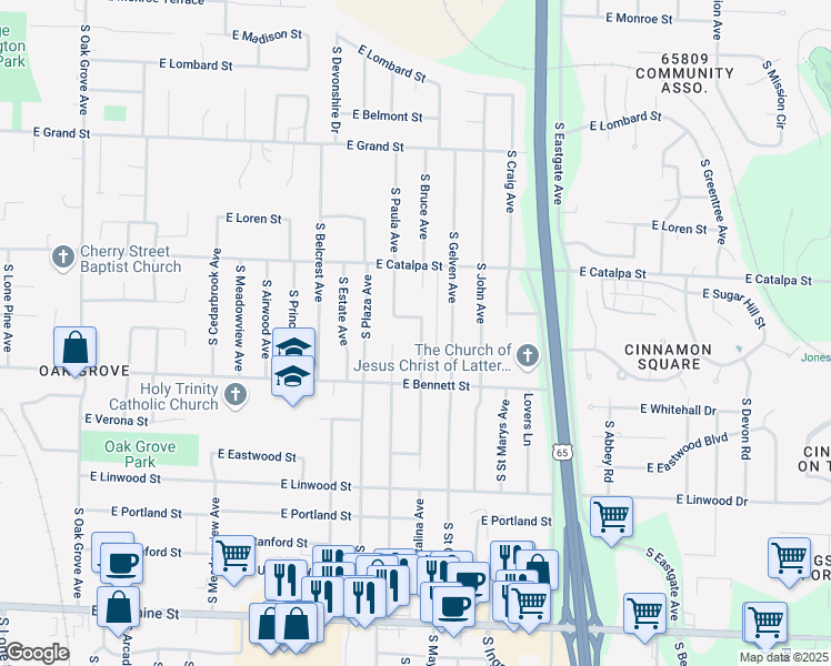 map of restaurants, bars, coffee shops, grocery stores, and more near 1301 South Catalina Avenue in Springfield