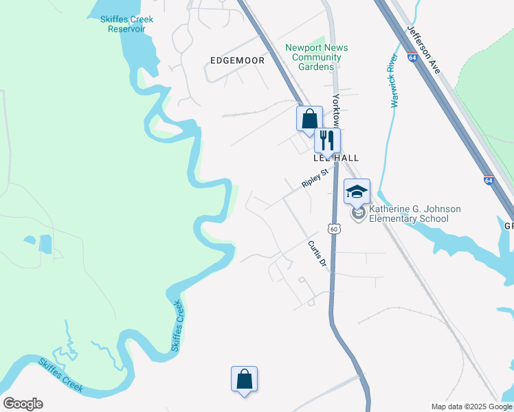 map of restaurants, bars, coffee shops, grocery stores, and more near 5 Skiffs Creek Landing Rd in Newport News