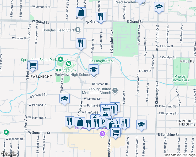 map of restaurants, bars, coffee shops, grocery stores, and more near 516 West Meadowmere Street in Springfield