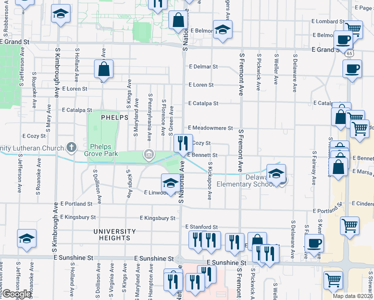 map of restaurants, bars, coffee shops, grocery stores, and more near 1352 South National Avenue in Springfield